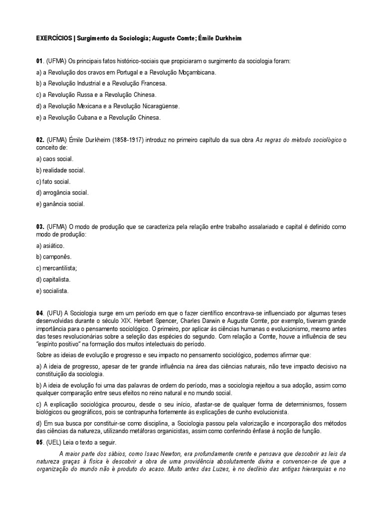Lista De Exercícios Sobre Émile Durkheim – WATQVT