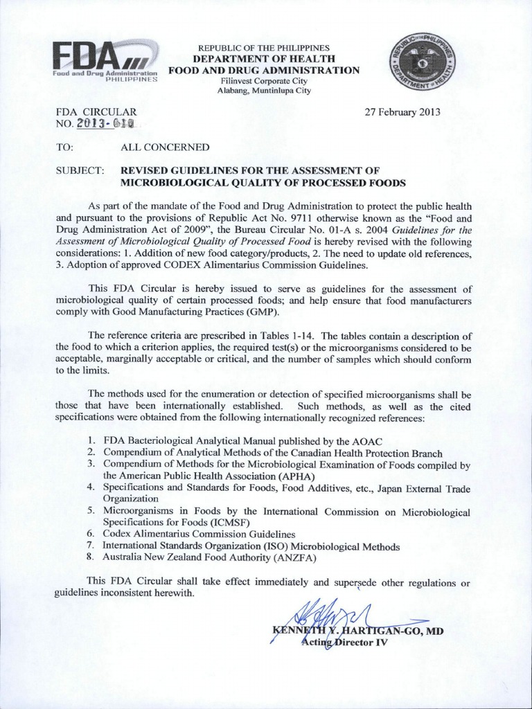 FDA Philippines Microbiological Standard For Processed Food | PDF