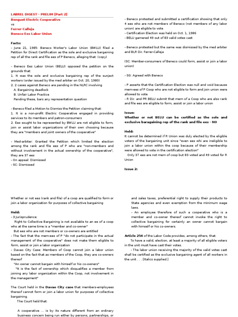 Benguet Electric Coop Vs Ferrer-Calleja | PDF | Cooperative | Trade Union