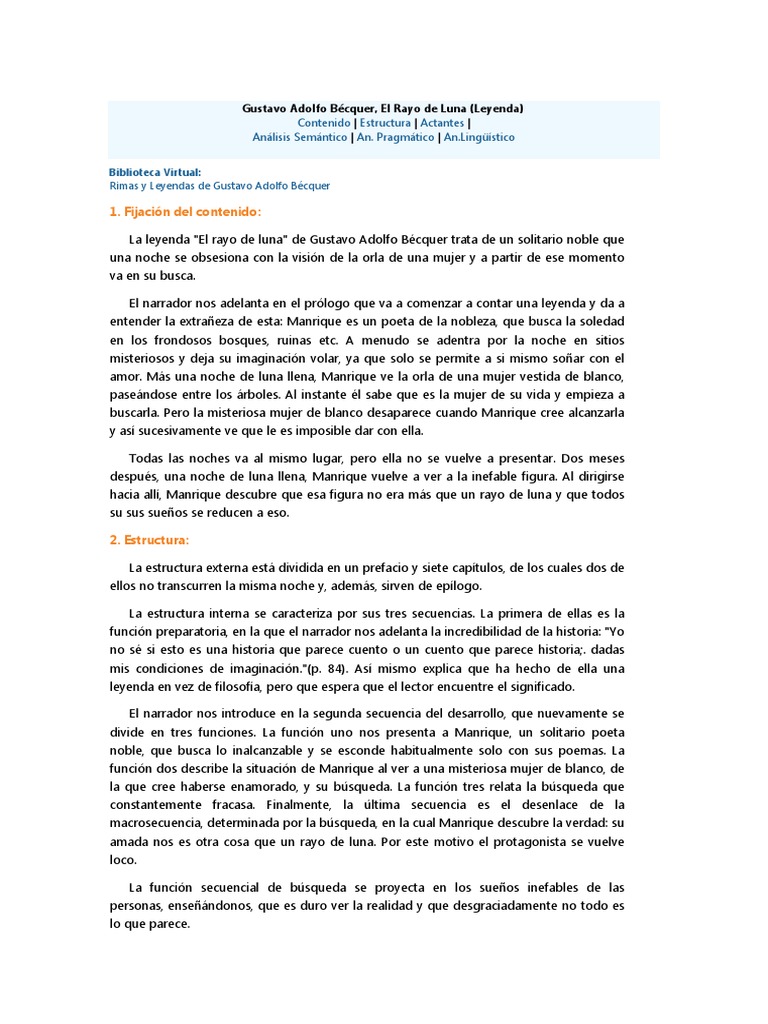 Análisis El Rayo de Luna (Gustavo Adolfo Bécquer) | PDF | Narración