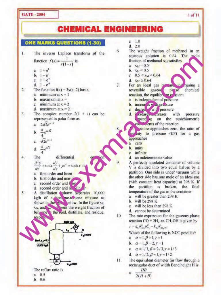 Chemical Engineer IN G: One Marks Questions | PDF | Applied And ...