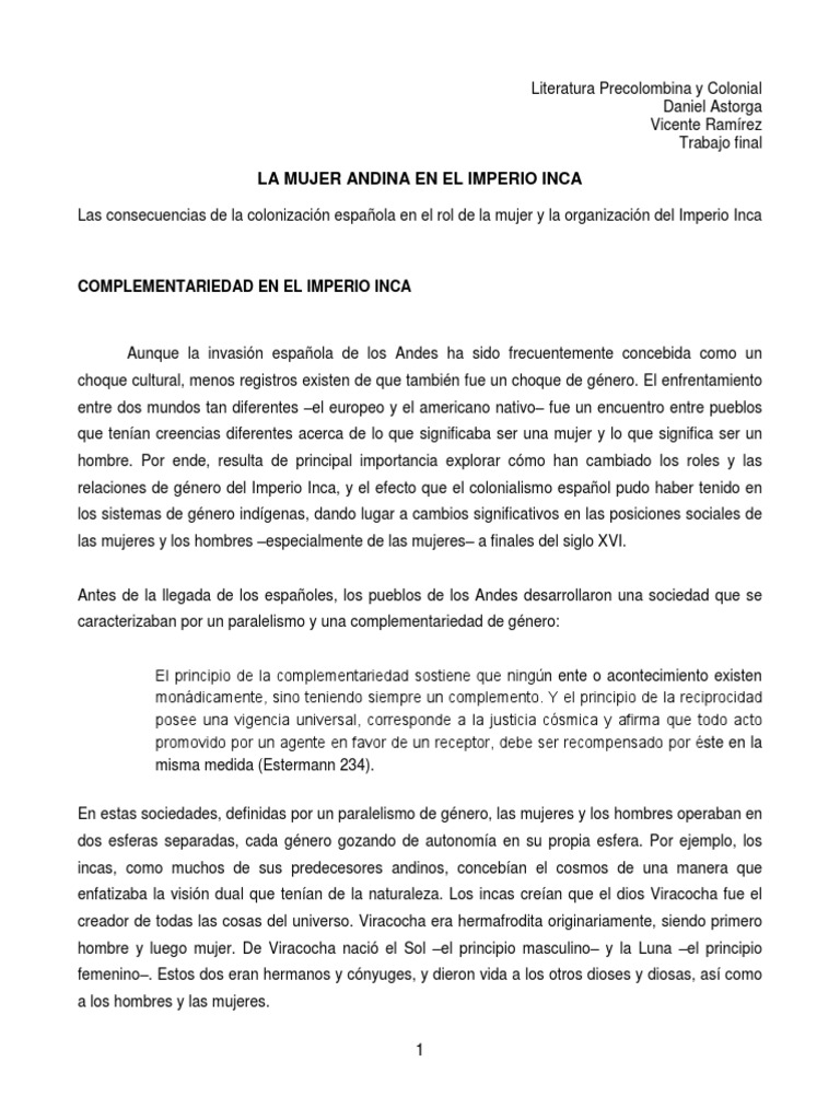 Rol de la Mujer Andina en el Imperio Inca | PDF | Imperio Inca | Mujer