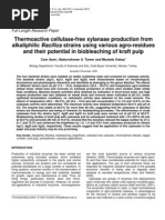 Download Thermoactive Cellulase-free Xylanase Production From Alkaliphilic Bacillus Strains using various agro-residues and their potential in biobleaching of kraft pulp by oskay SN24898155 doc pdf