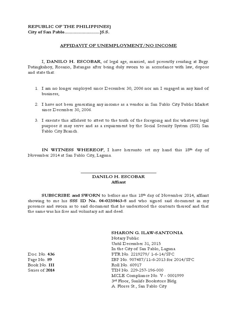 Affidavit of Unemployment - No Income (SSS) - Danilo Escobar | PDF |  Affidavit | Legal Procedure