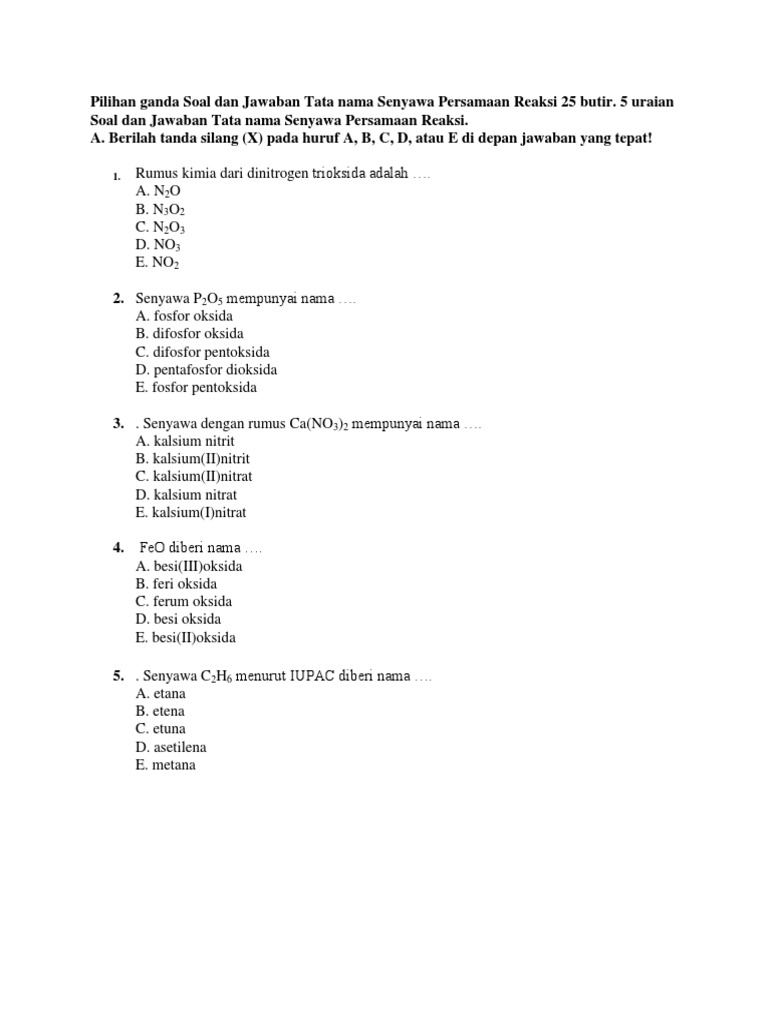 Pilihan ganda Soal dan Jawaban Tata nama Senyawa Persamaan