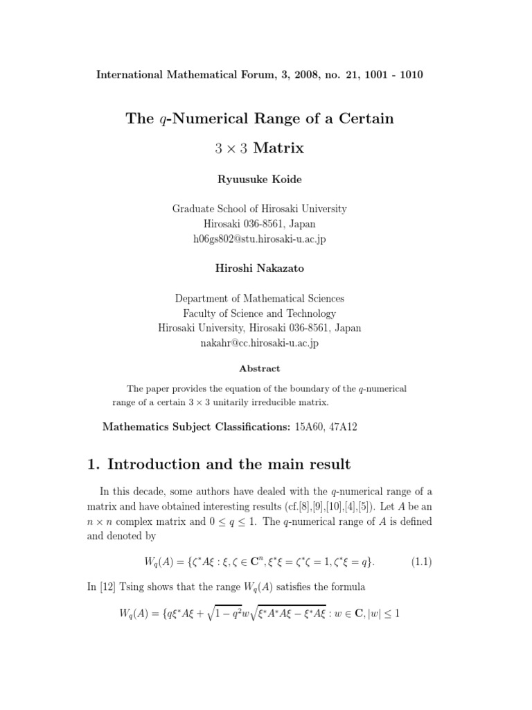 The Q-Numerical Range of A Certain: 3 × 3 Matrix | PDF | Matrix ...