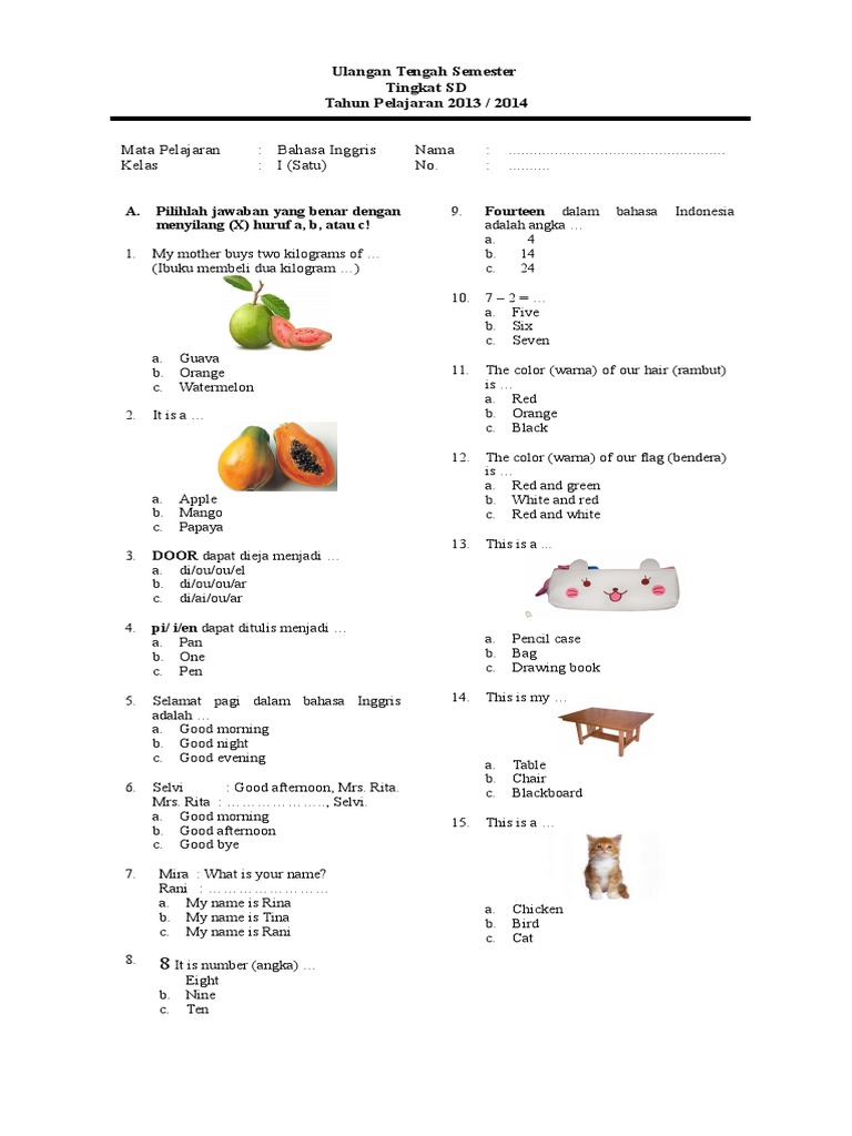 Lat soal Bahasa Inggris kelas 1 SD Lat soal Bahasa Inggris kelas 1 SD