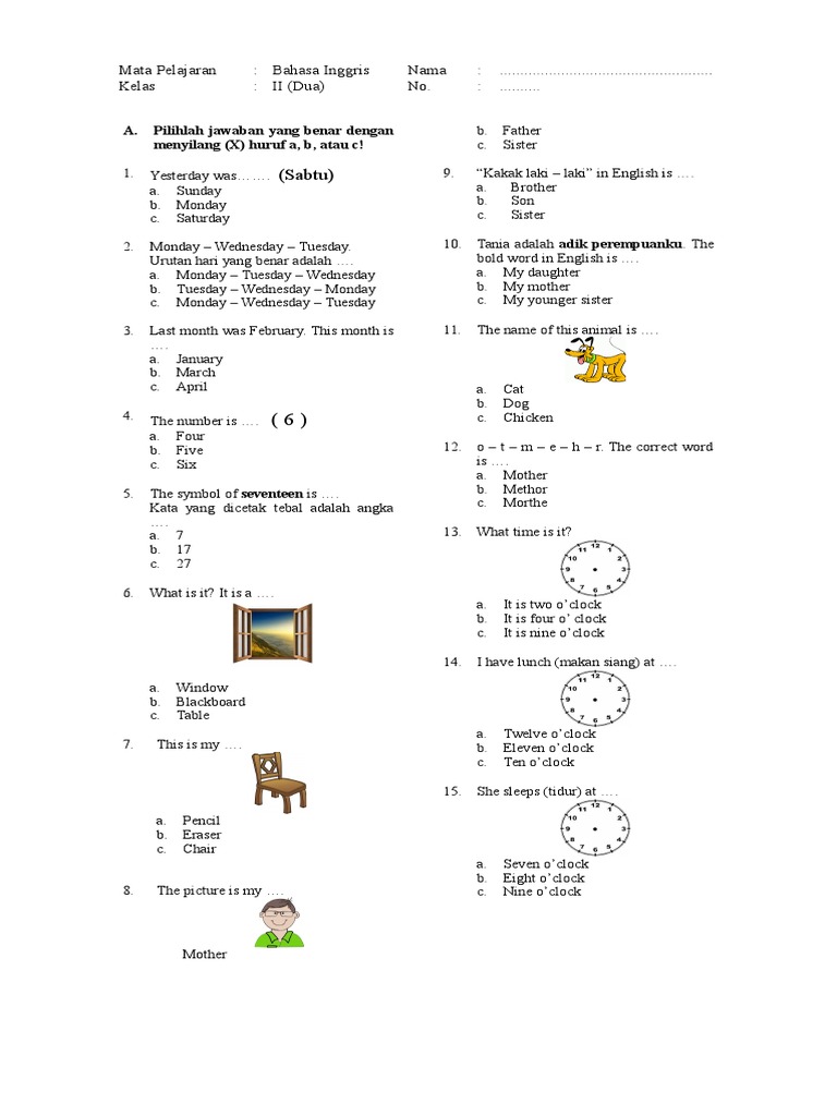 Lat soal  Bahasa  Inggris  kelas  2 SD 