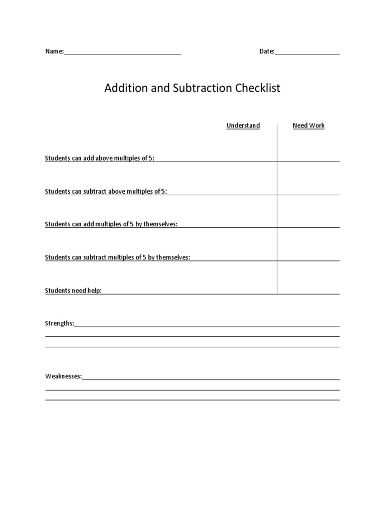 Addition and Subtraction Skills Checklist | PDF | Career & Growth ...