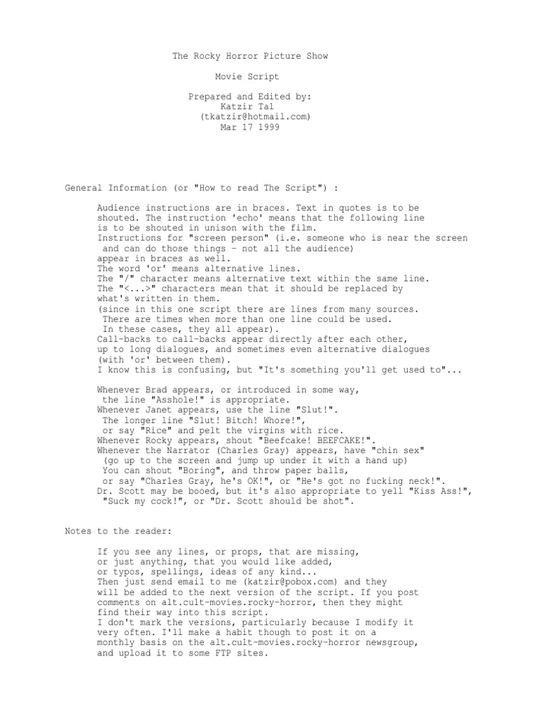 Rocky Horror Picture Show Musical Script