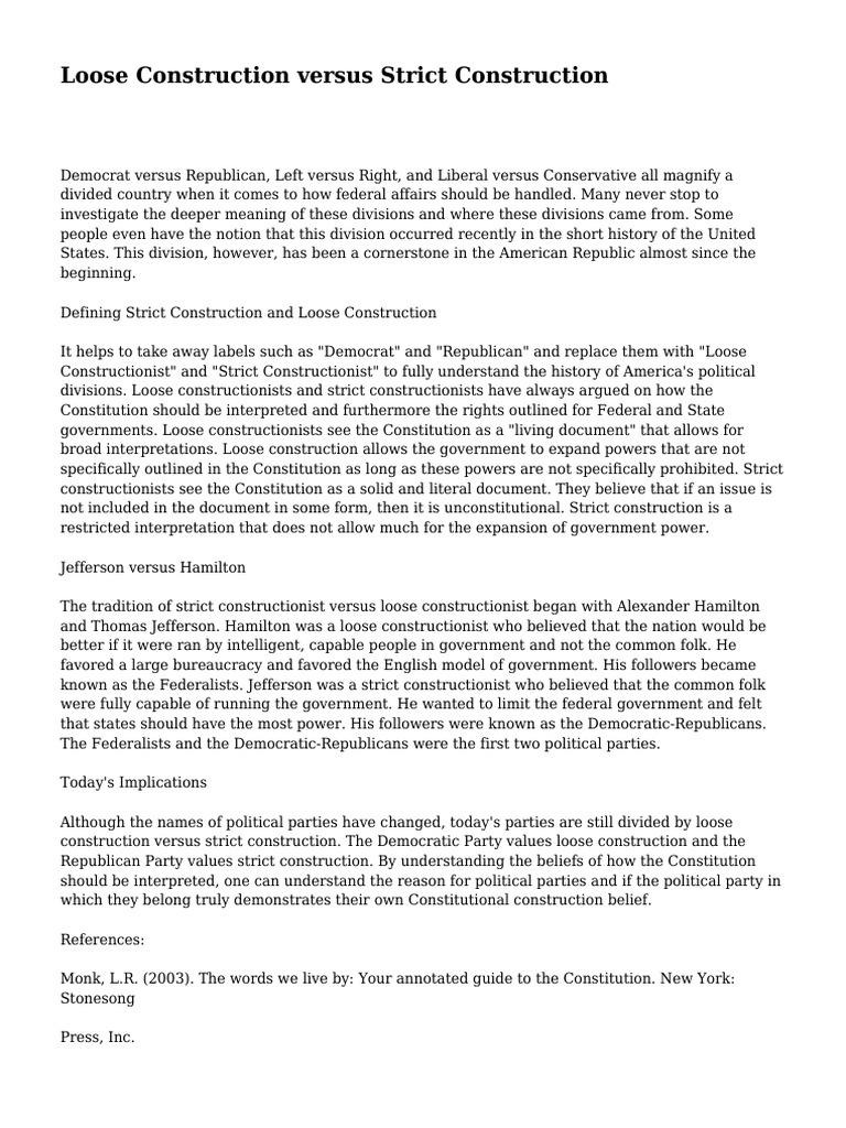 Loose vs. Strict Construction Explained | PDF | Political Parties ...