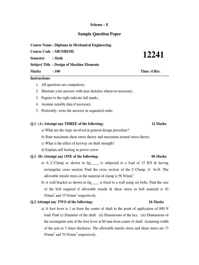 Design of Machine Elements Questions | PDF | Screw | Stress (Mechanics)