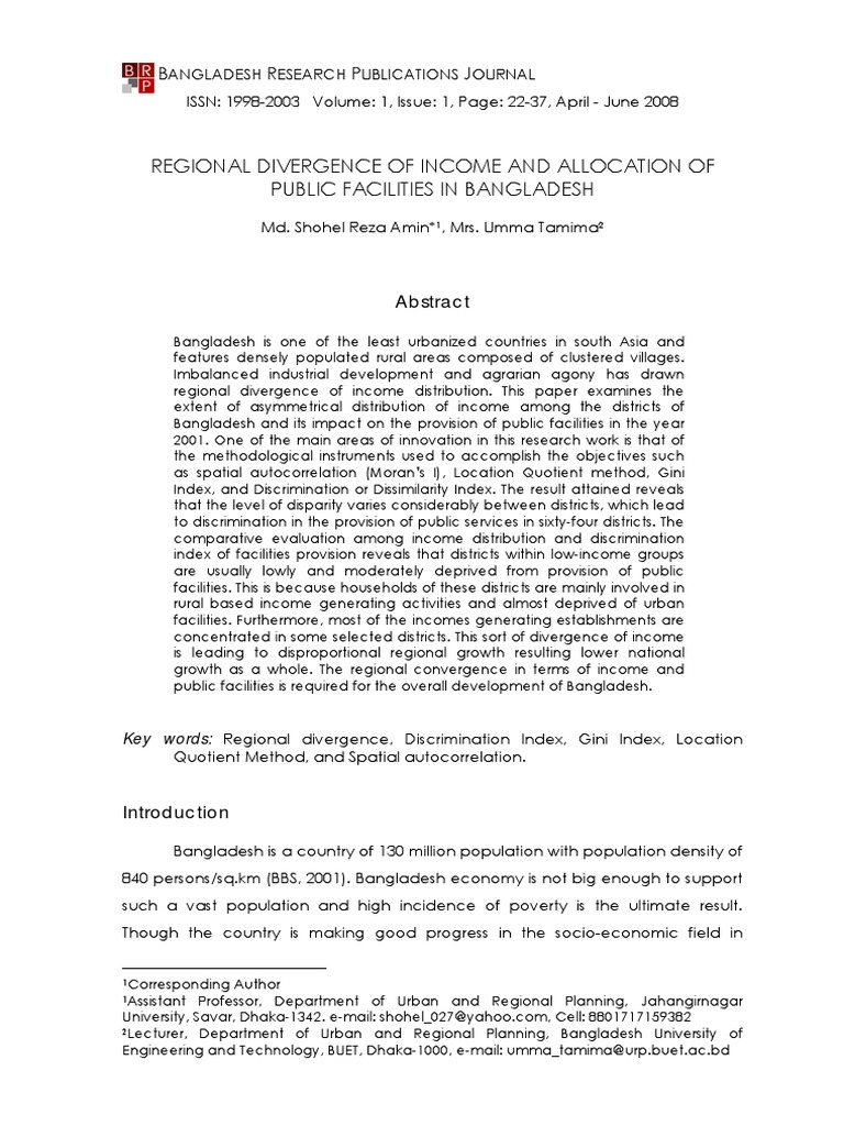 Income Disparity and Public Facilities in Bangladesh | PDF | Spatial ...