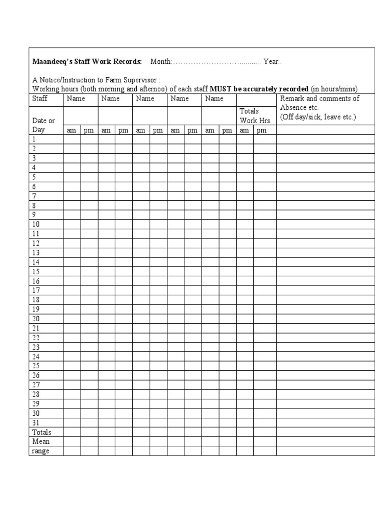 Staff Work Hours Record Template | PDF | Technology & Engineering