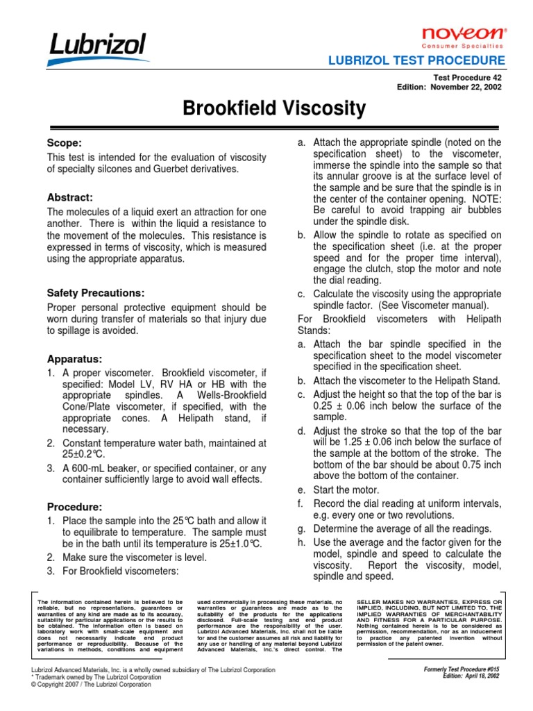 Brookfield Viscosity | PDF | Viscosity | Continuum Mechanics