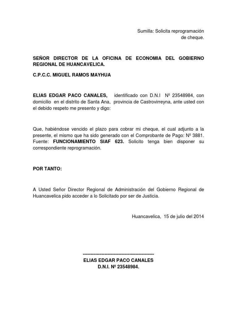 Modelo de solicitud de reprogramación de cheque