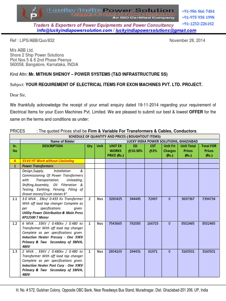 QuotationElectrical ItemsExon Machines Pvt Ltd Electrical