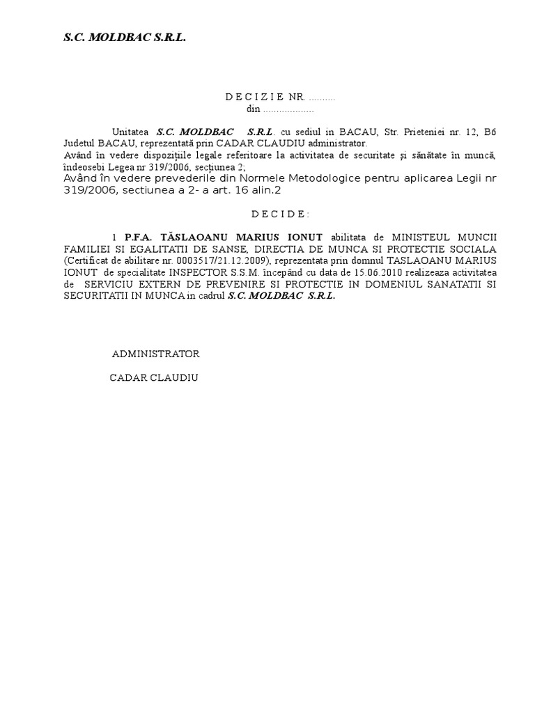 Decizie Delegare Atributii In Domeniul Ssm