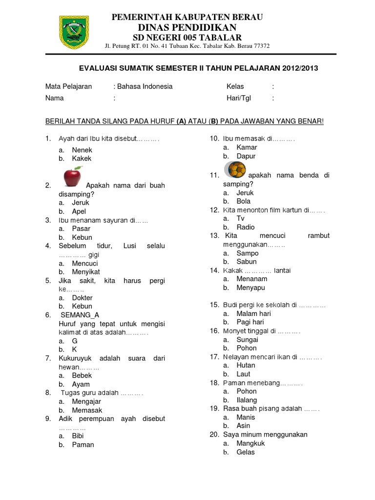 Soal Bahasa Indonesia kelas 1 SD