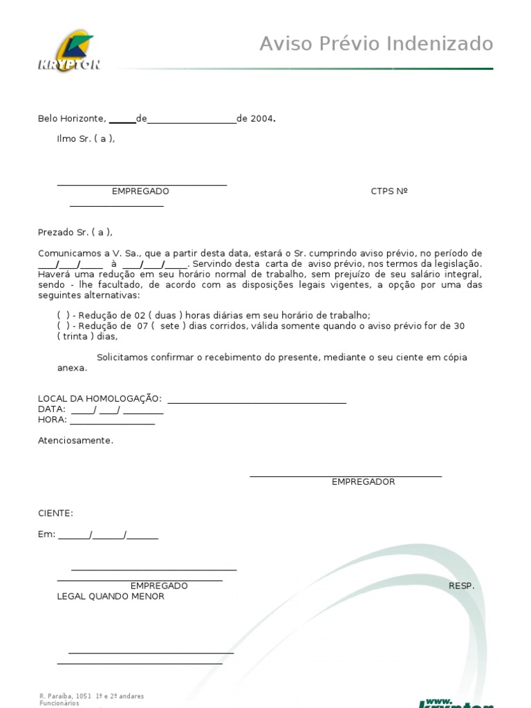 Formulário de Aviso Prévio Trabalhado (RH)  Business  Economias