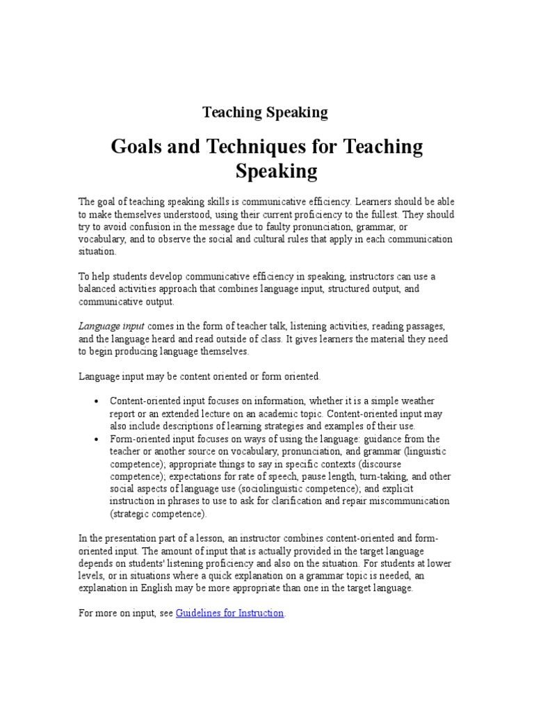 Teaching Speaking: Goals and Techniques | PDF