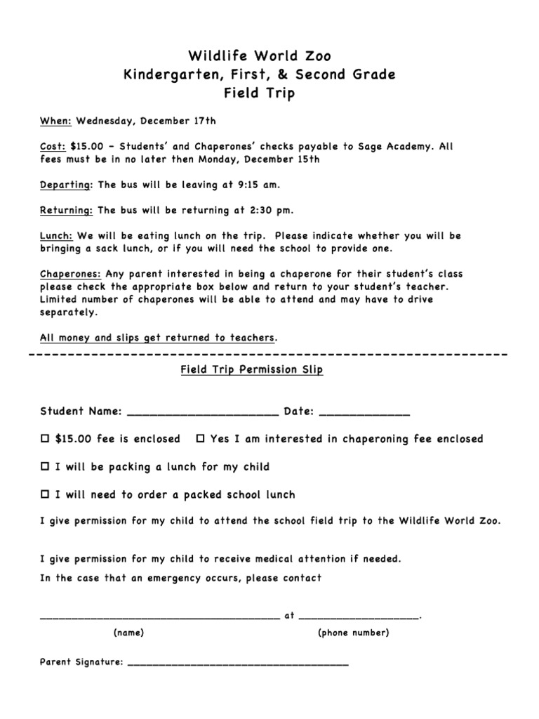 Wildlife World Zoo Permission Slip PDF