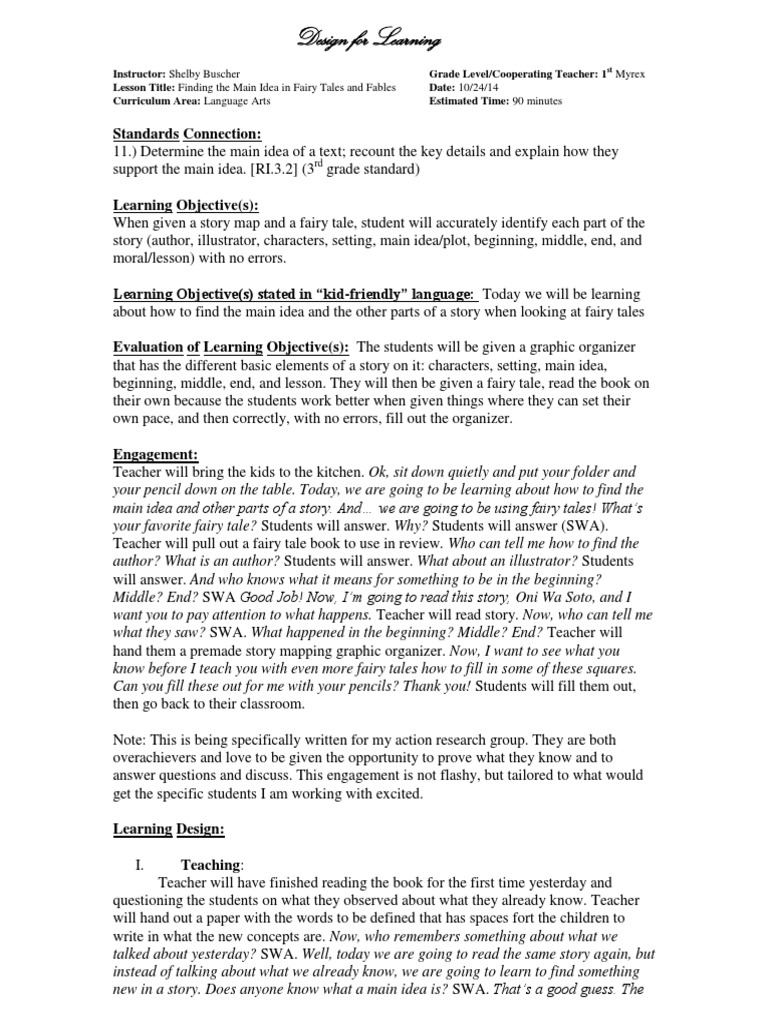 main idea lesson plan Lesson Plan Fairy Tales