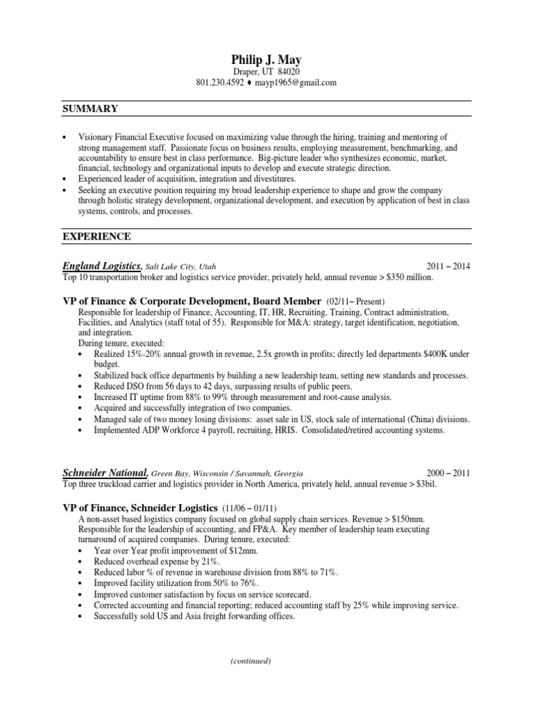 CFO VP Finance MBA In Salt Lake City Utah Resume Philip May | Mergers