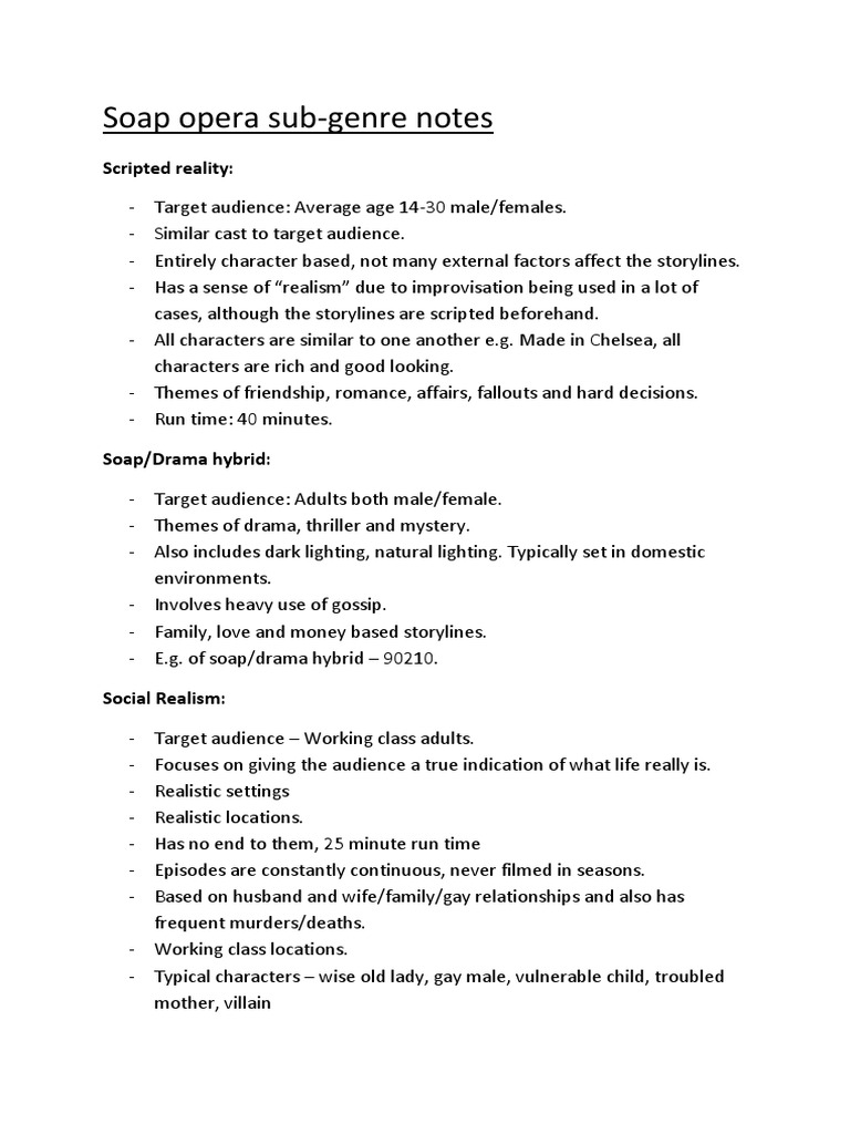 Soap Opera Sub Genre Notes | PDF