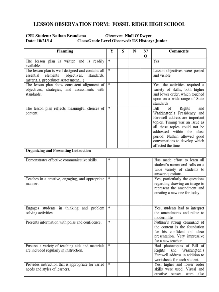 lesson observation form bill of rights Lesson Plan Educational