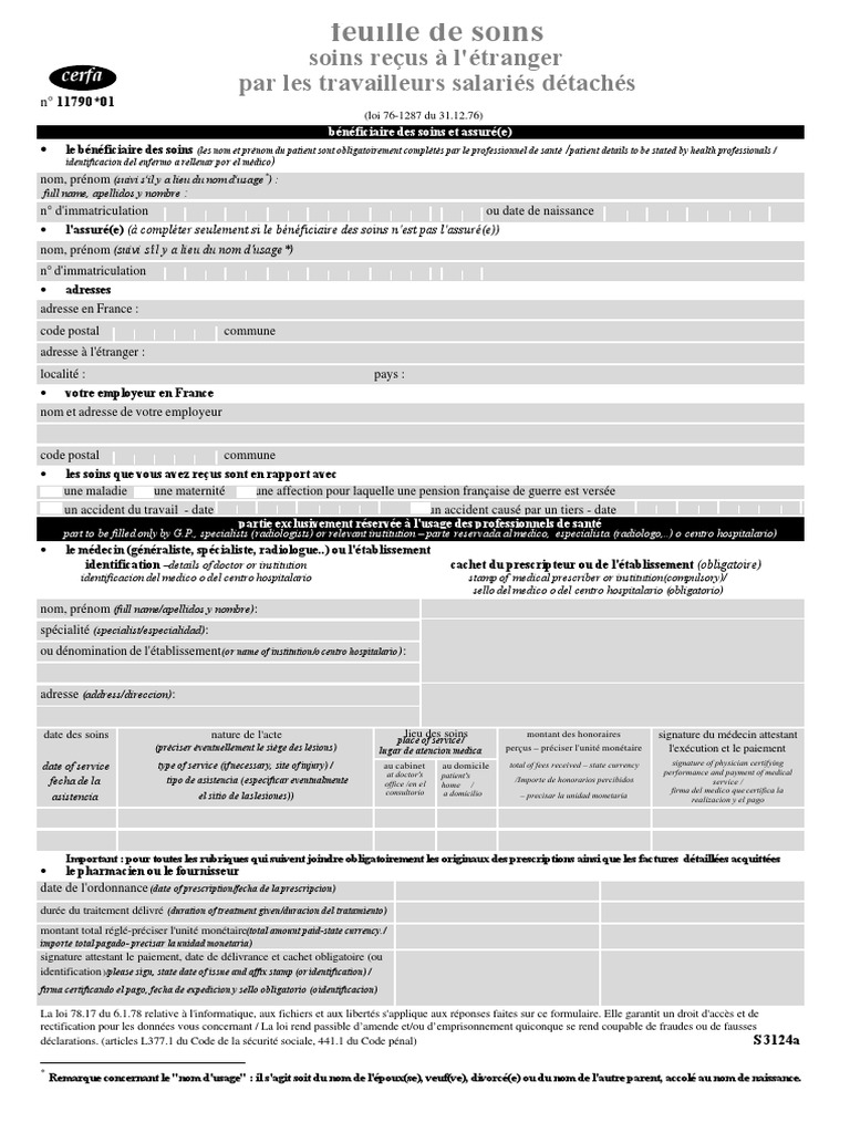 Cerfa 6201 Feuille De Soins Feuille de Soins | Professionnel de la santé | Assurance