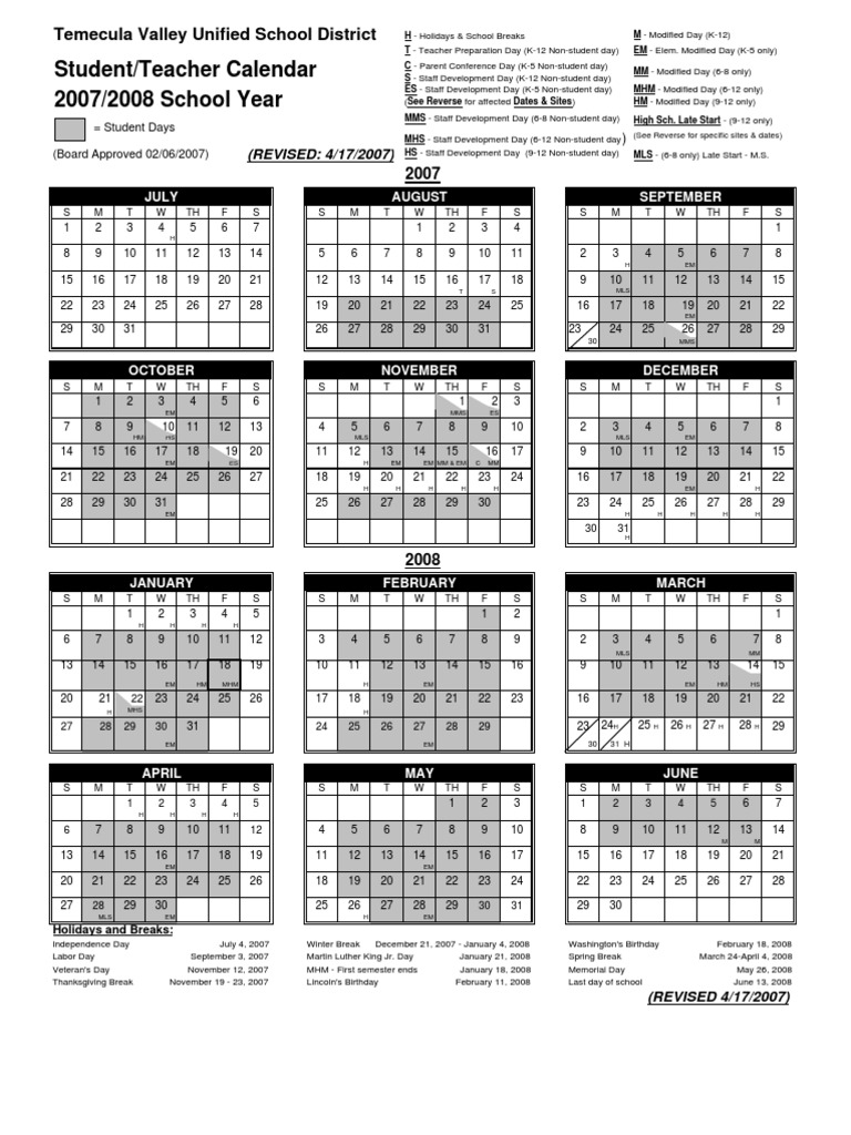 Student Teacher Calendar 07-08 Revised 4-17-07 | PDF