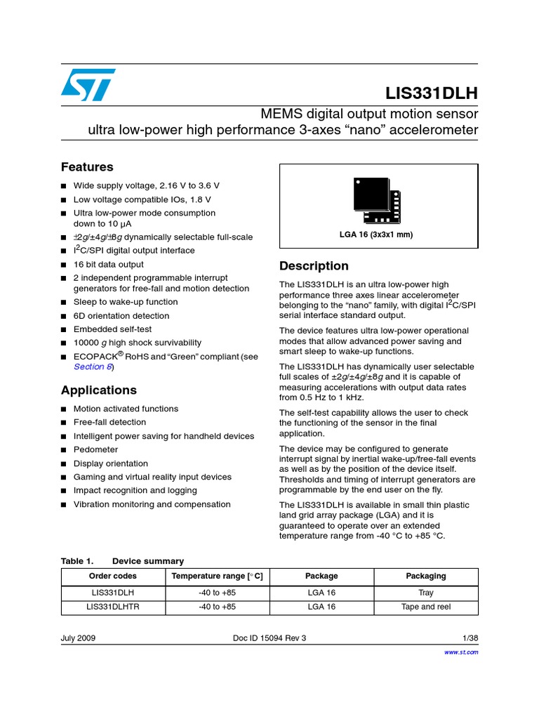LIS331DLH Accelerometer Datasheet | PDF | Accelerometer | Sensor