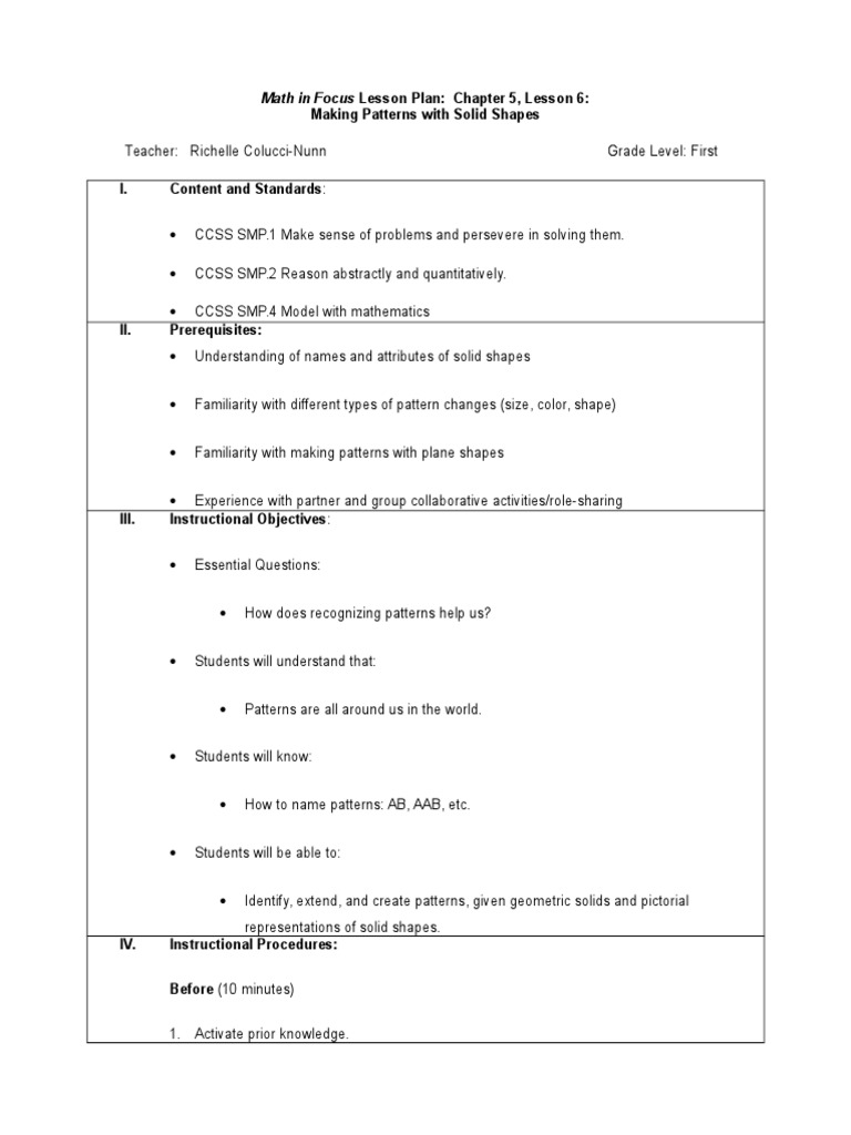 Patterns with Solid Shapes Lesson Plan | PDF | Educational Assessment ...