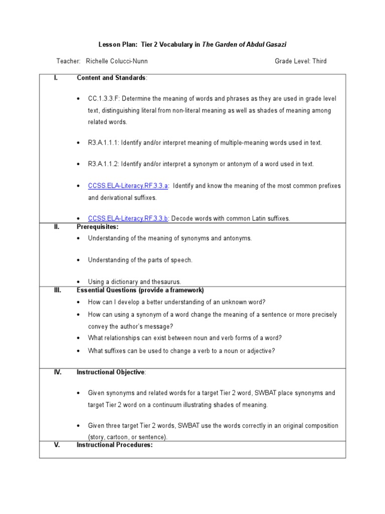 Vocabulary Lesson Plan PDF Part Of Speech Word