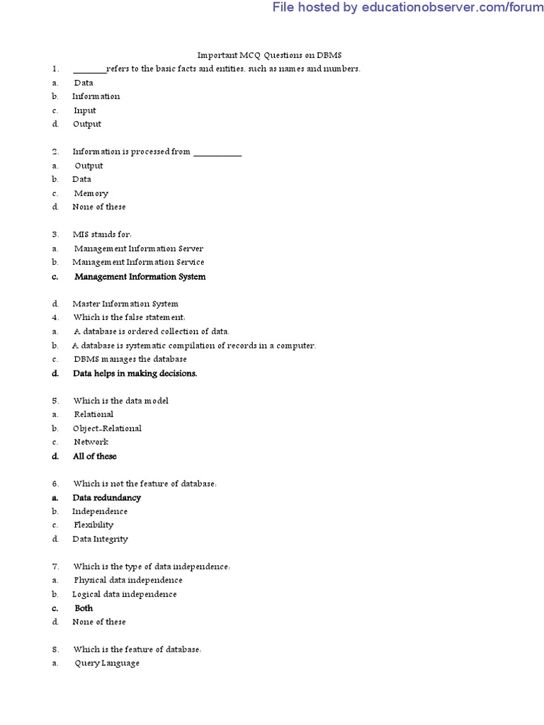 Key DBMS MCQs for Students | PDF | Databases | Relational Database