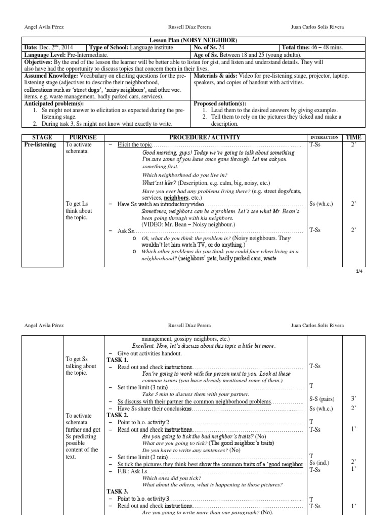 Lesson Plan (Noisy Neighbor) PDF Lesson Plan English As A Second