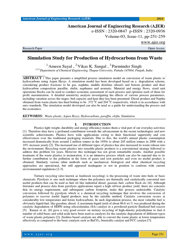 Simulation Study For Production of Hydrocarbons From Waste | PDF ...