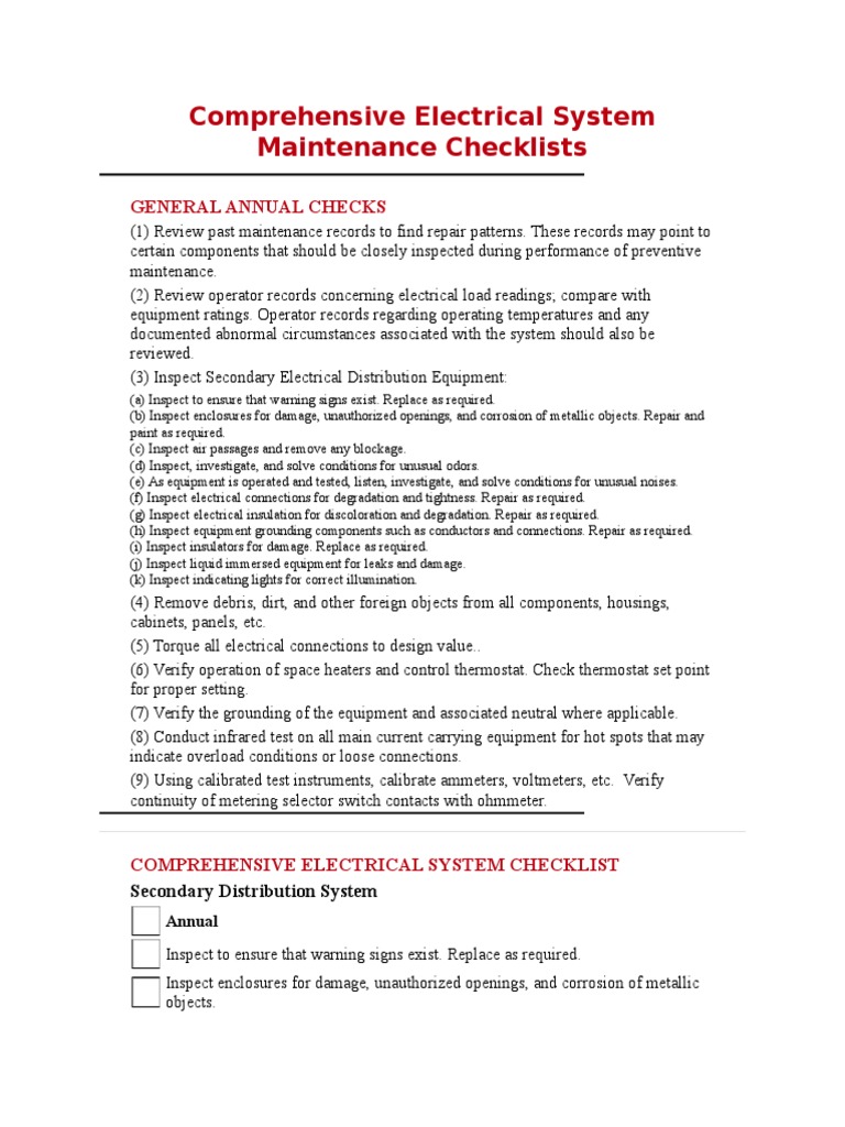 Comprehensive Electrical System Maintenance Checklists PDF Switch