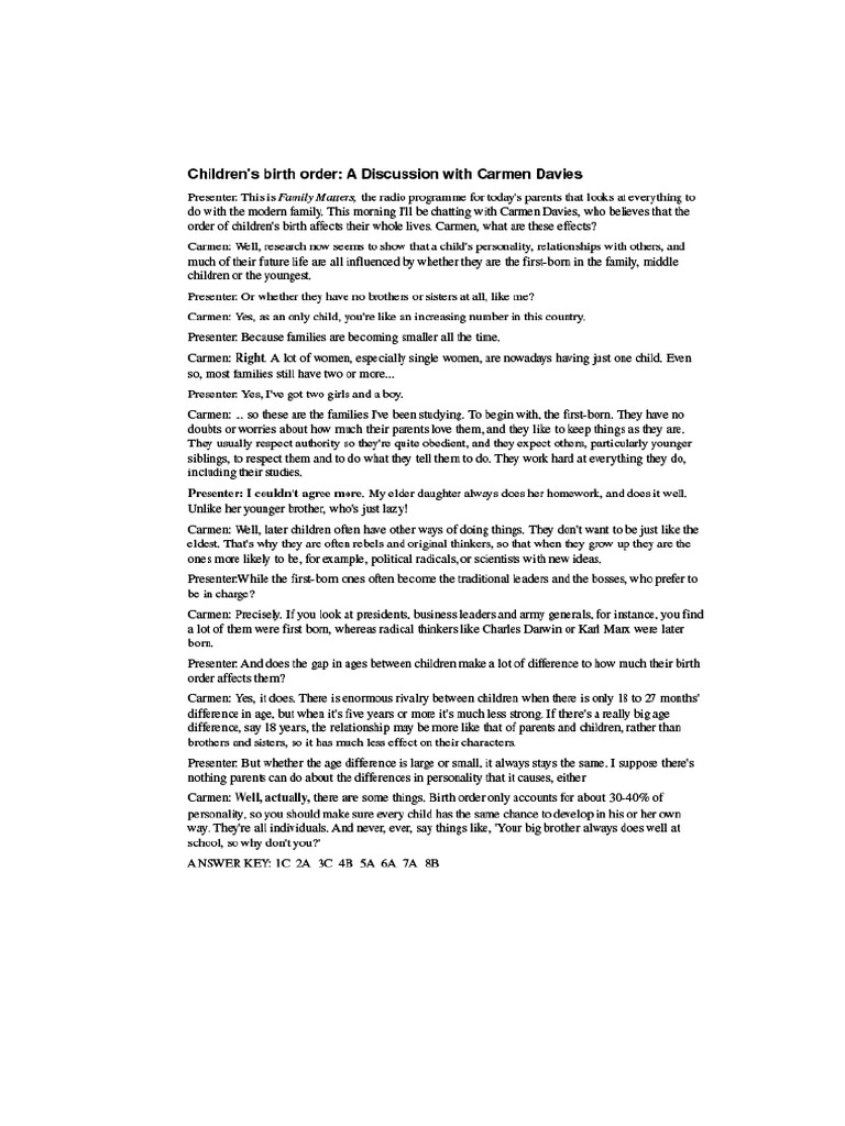 Birth Order Script | PDF
