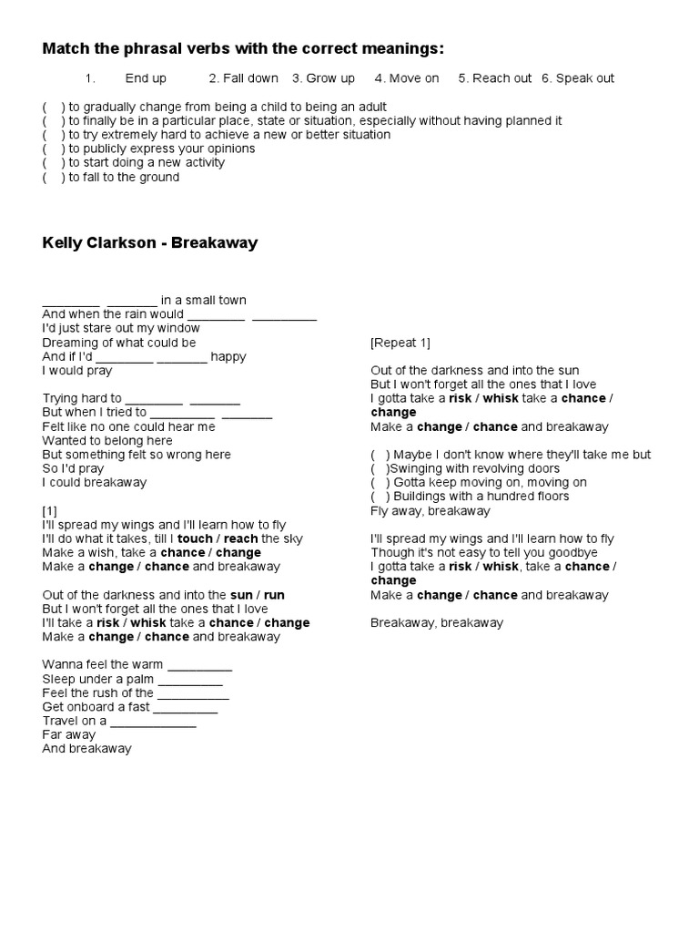 Kelly Clarkson Breakaway Activity Phrasal Verbs PDF