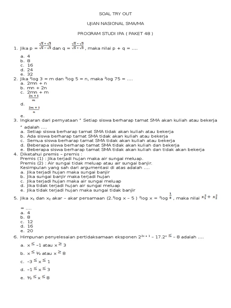 Soal Try Out Matematika Ipa