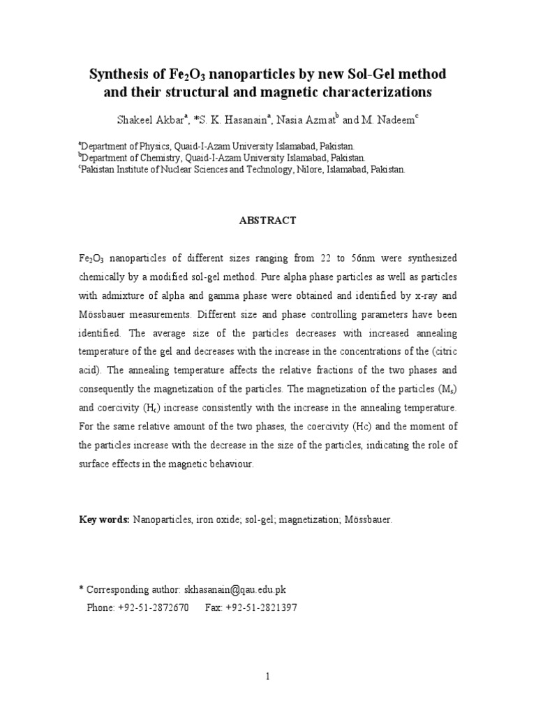 Synthesis of Fe O Nanoparticles by New Sol-Gel Method and Their ...