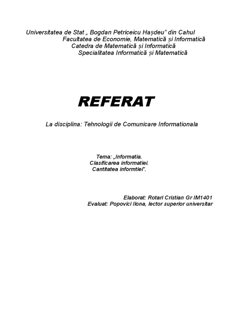 Informatia. Clasificarea Informatiei. Cantitatea Informatiei. | PDF
