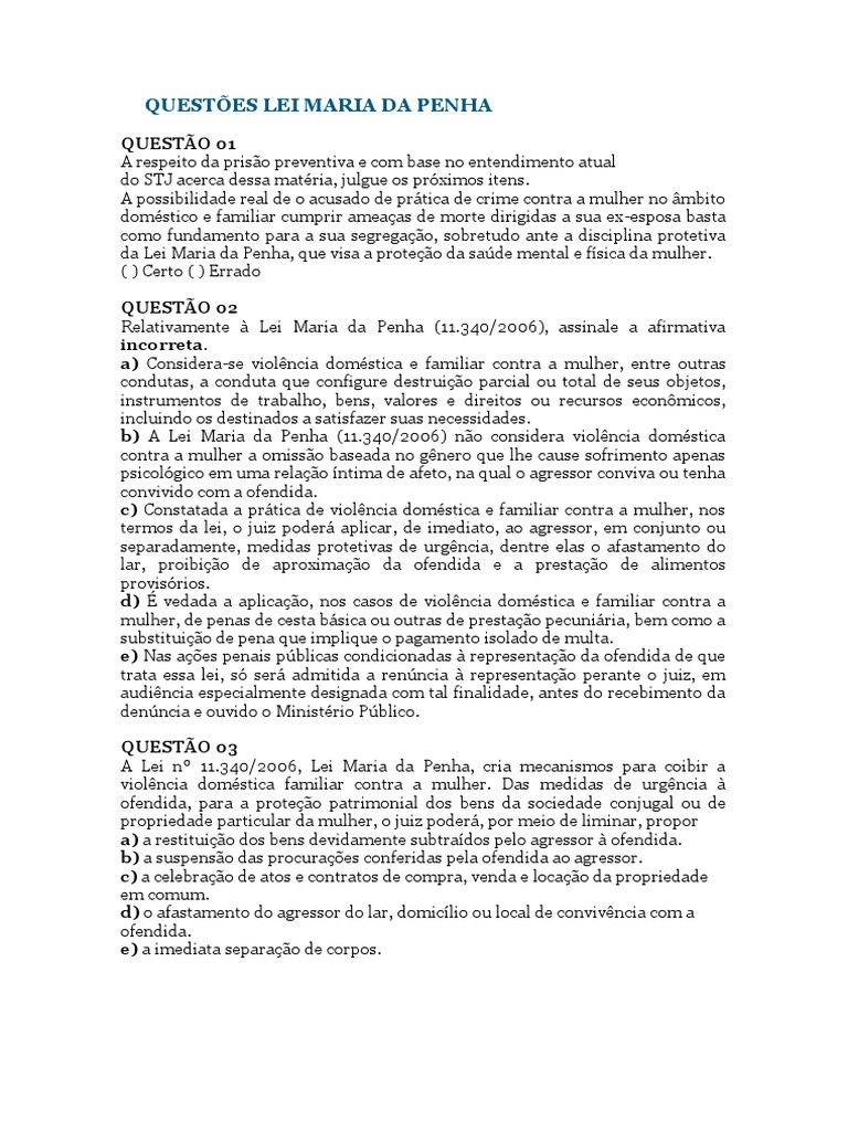 Questões Lei Maria Da Penha | PDF | Lesão corporal (crime) | Violência ...