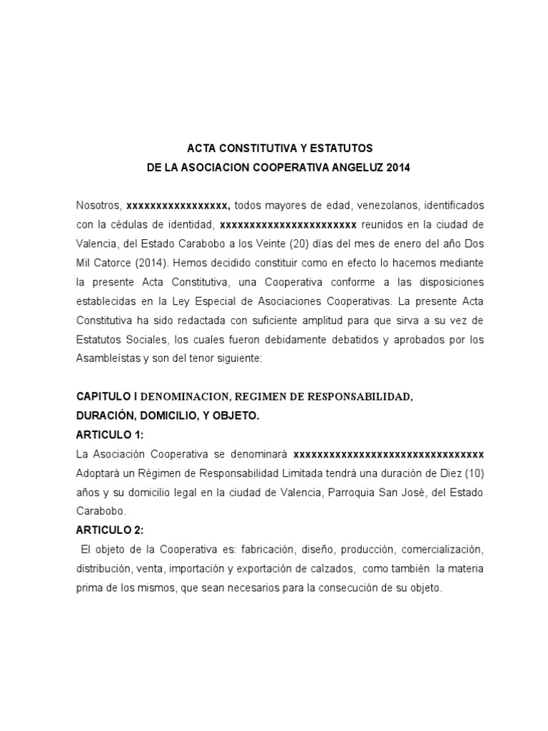 Acta Constitutiva De Cooperativa PDF Cooperativa Presupuesto
