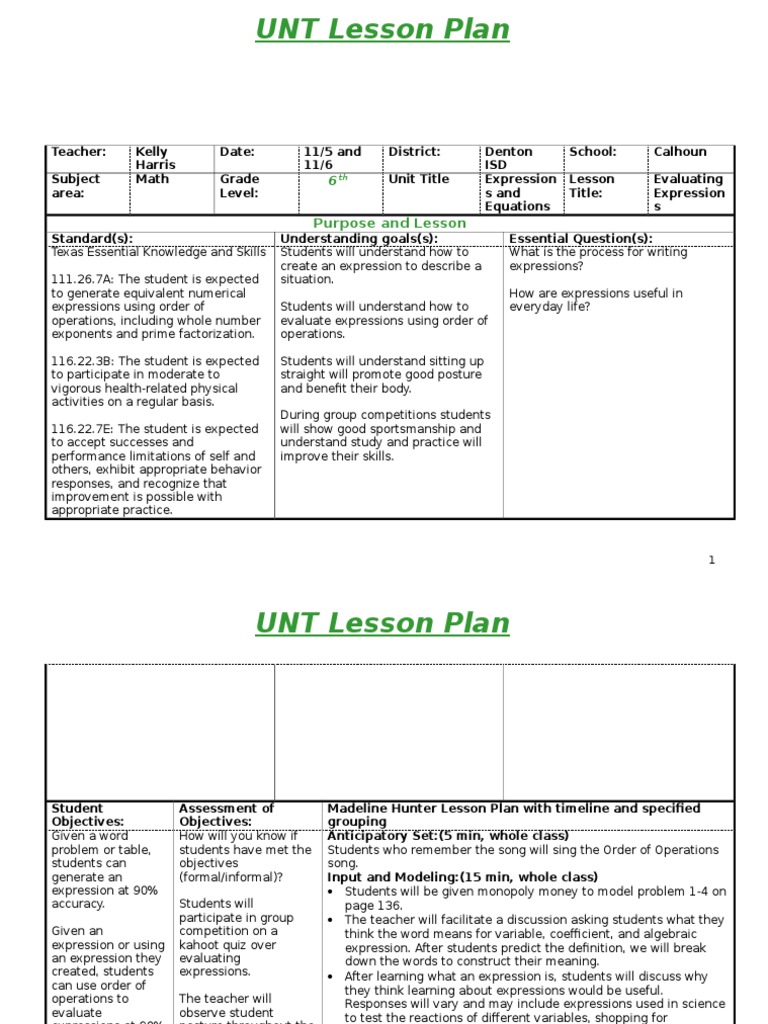 Evaluating Expressions Lesson Plan | PDF | Lesson Plan | Pedagogy
