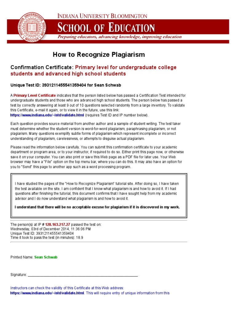 Indiana University Plagiarism Certificate | PDF | Public Key ...