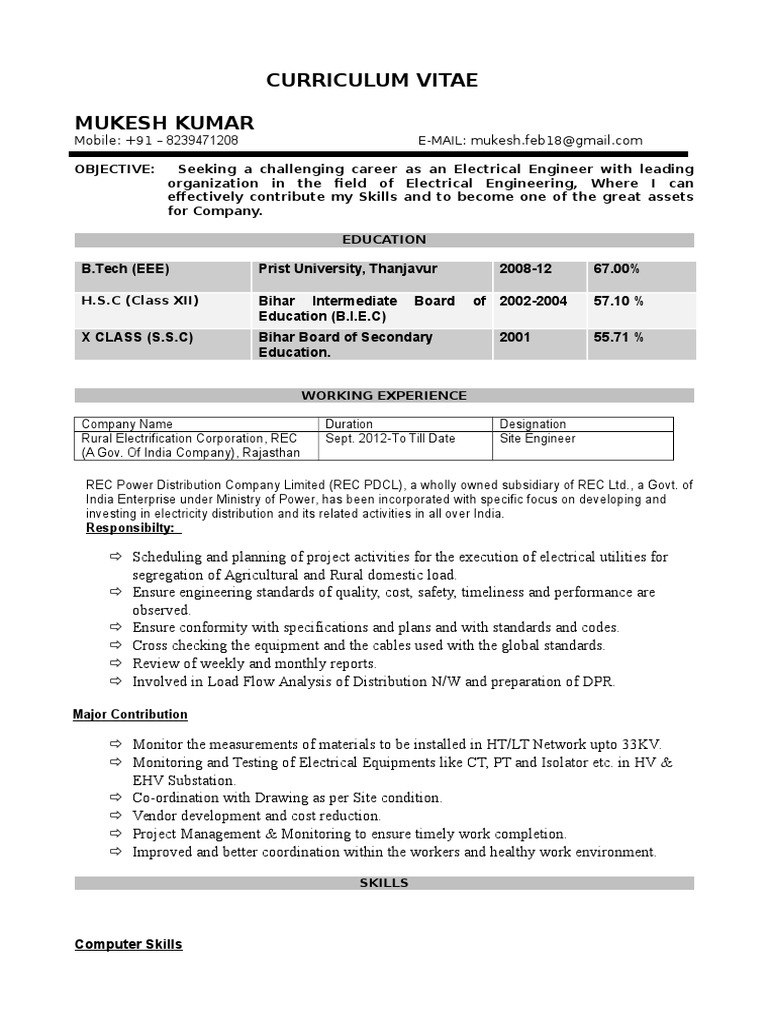 Resume Electric Power Distribution Electrical Engineering