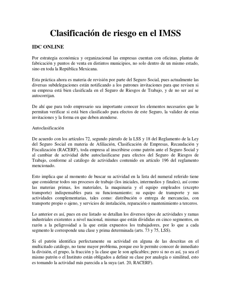Clasificación de Riesgos IMSS 2023 | PDF | Seguro | Caso de ley